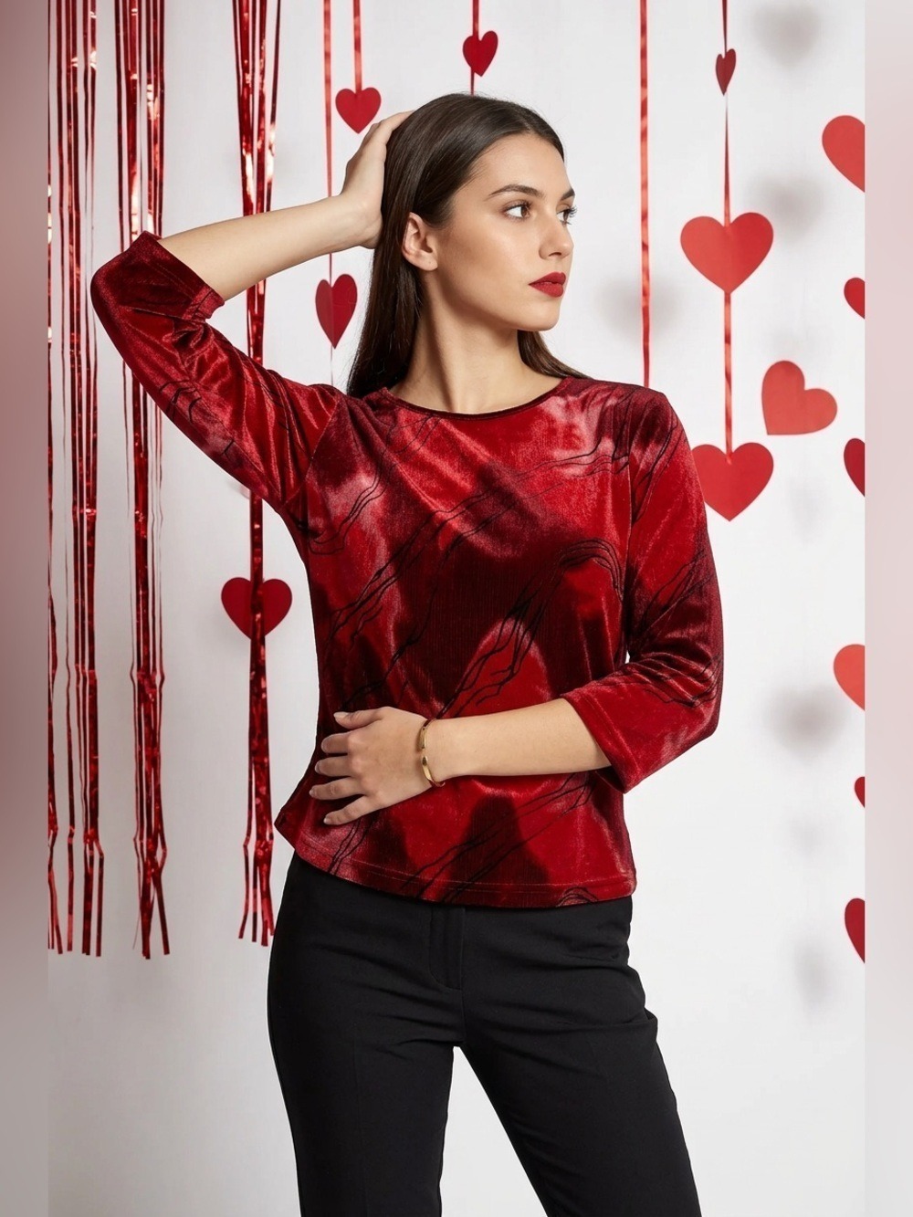 VTG 90s DB Sport Red Abstract Wavy Print Slinky Ribbed Top - M + FREE GIFT
